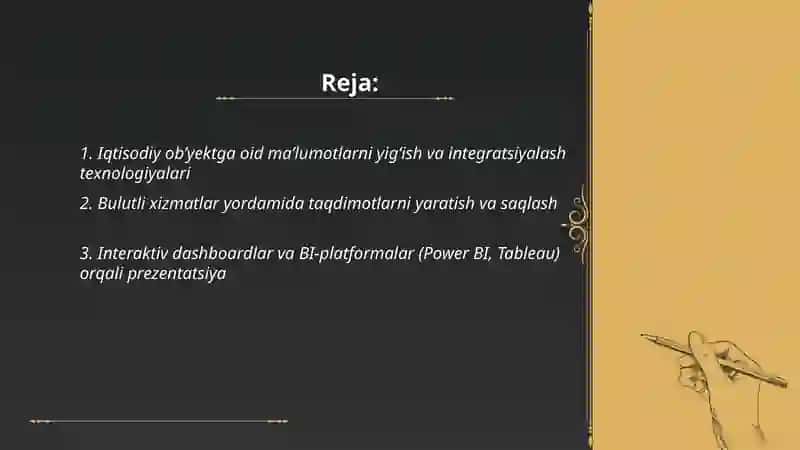 Iqtisodiy ob’yektga oid ma’lumotlar asosida taqdimot tayyorlash va amalga oshirishning zamonaviy texnologiyalaridan foydalanish 2