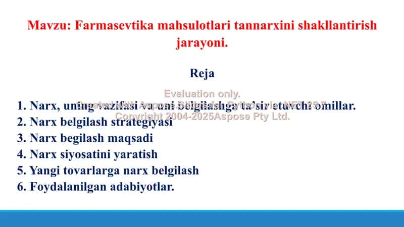 Farmasevtika mahsulotlari tannarxini shakllantirish jarayoni. Taqdimot 16 bet. 2