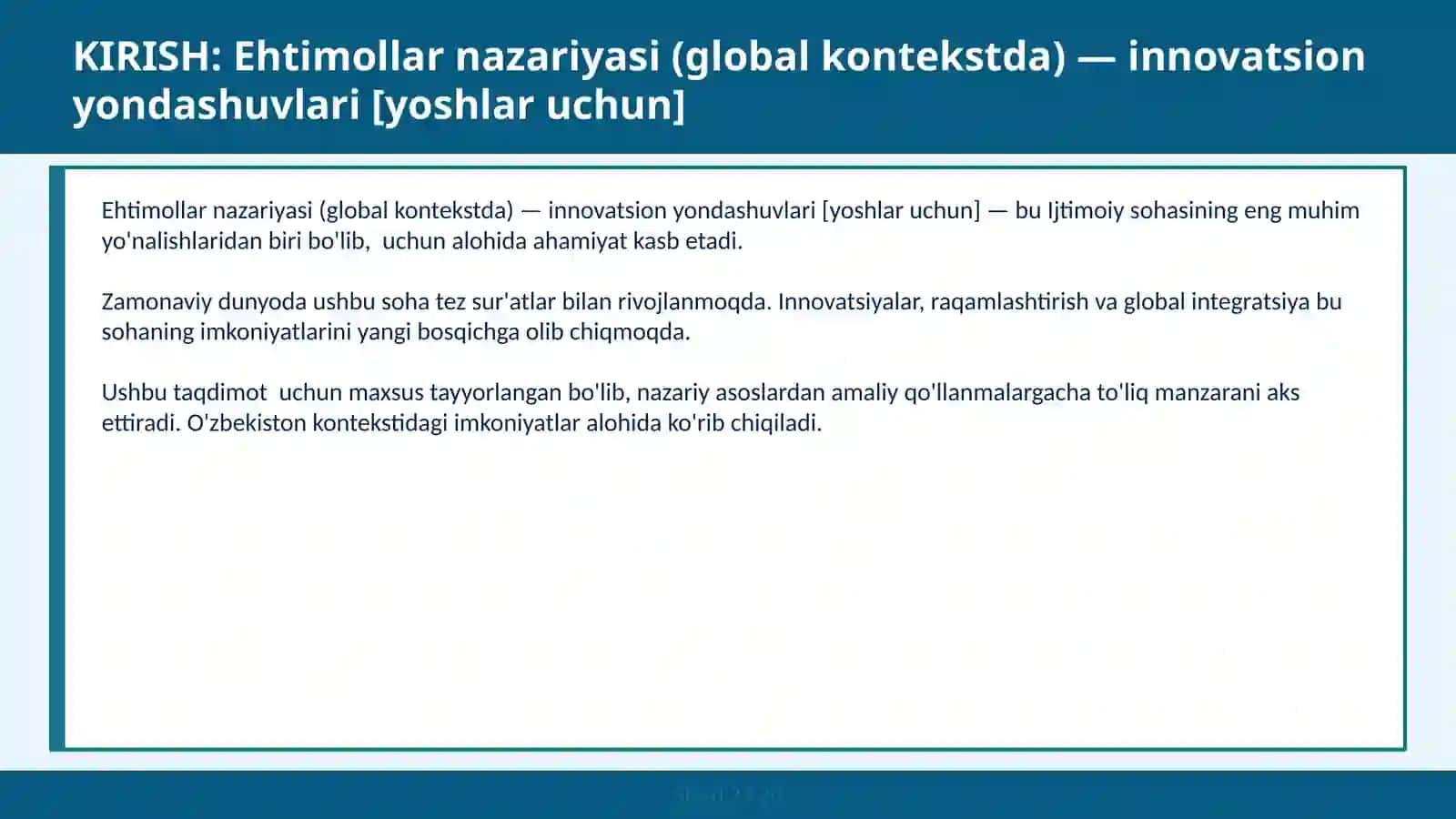 Ehtimollar Nazariyasi (Global Kontekstda) - Innovatsion Yondashuvlari [Yoshlar Uchun] 2
