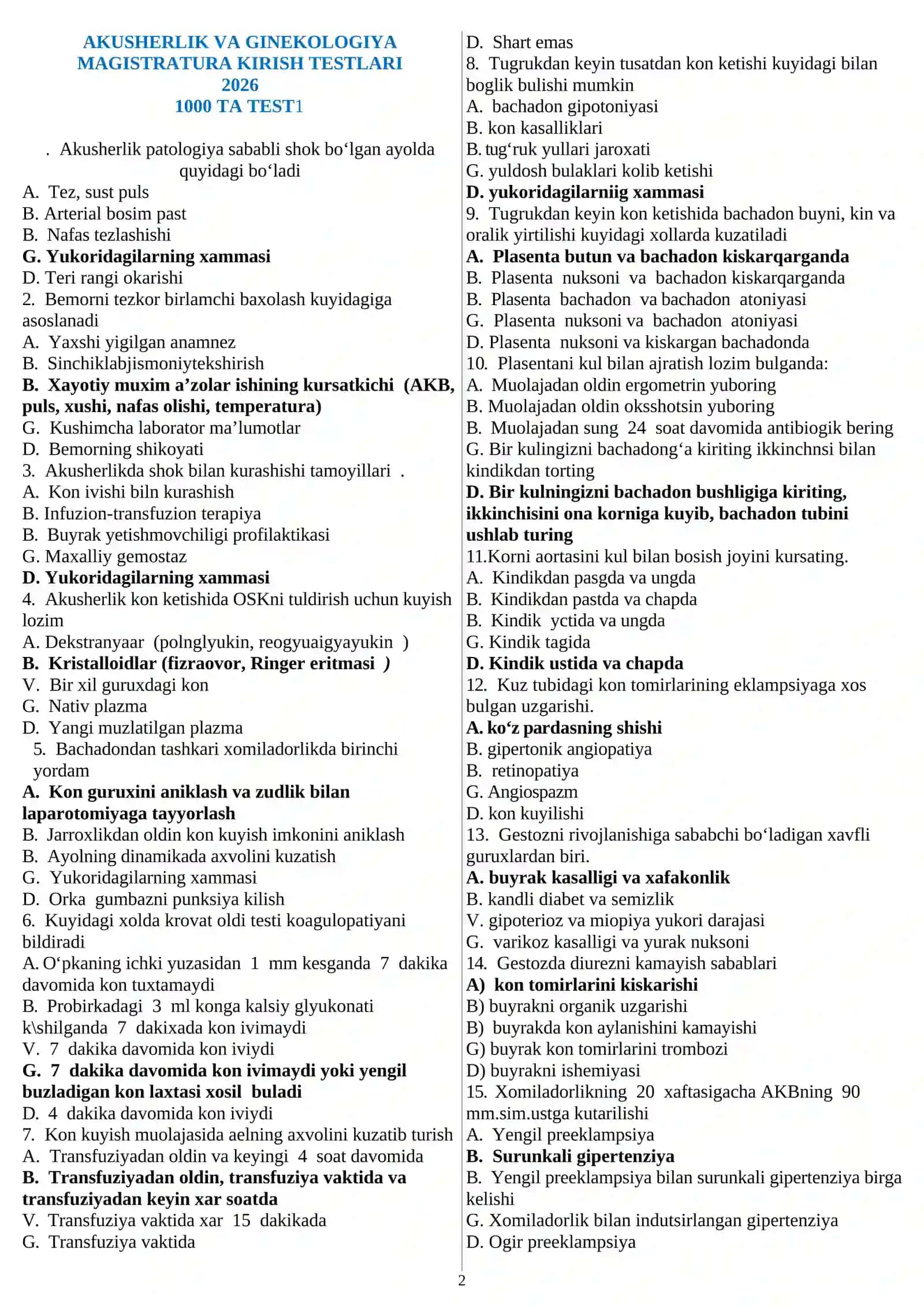 AKUSHERLIK VA GINEKOLOGIYA MAGISTRATURA KIRISH TESTLARI 2026 YIL 2