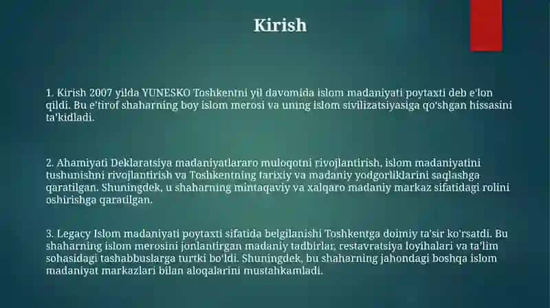 2007-Yil Toshkent - Islom Madaniyati Poytaxti Deb EʼLon Qilinishining Mazmuni VaMohiyati 2