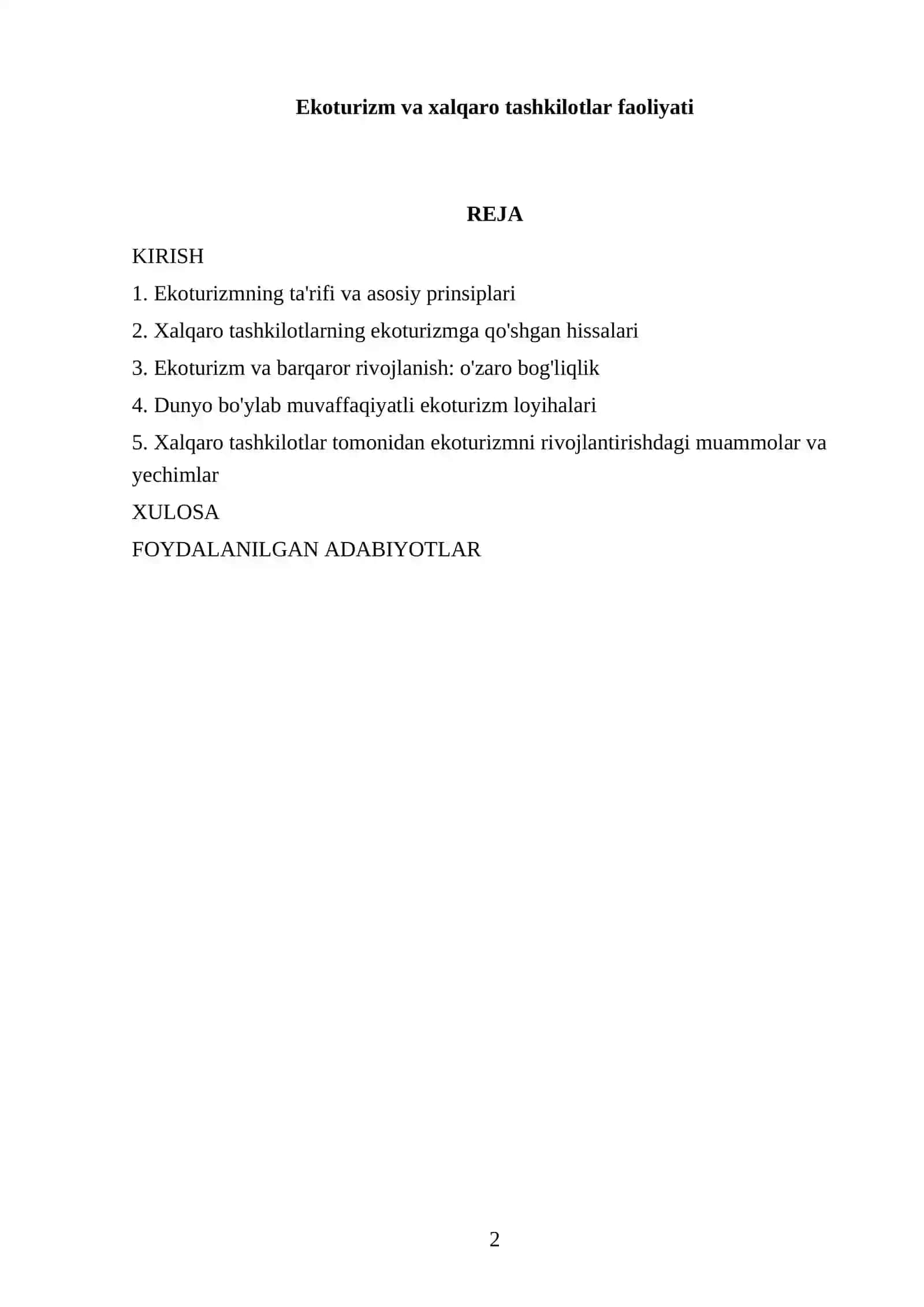 Ekoturizm va xalqaro tashkilotlar faoliyati 2