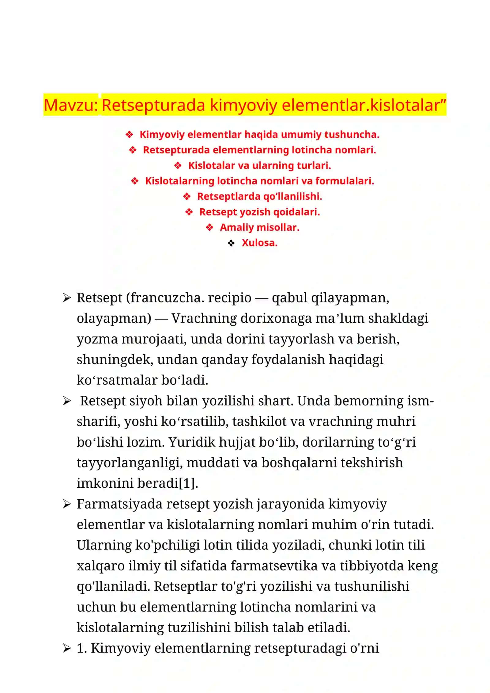 Retsepturada kimyoviy elementlar va kislotalar 2