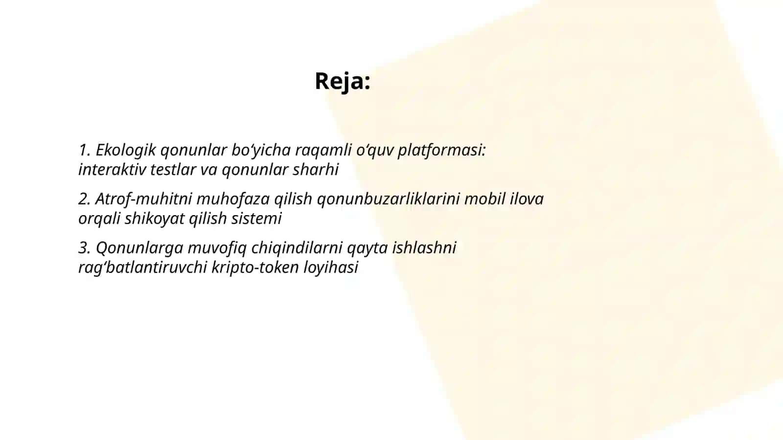 Ekologik qonunlarni bilasizmi mavzusida innovatsion loyihalar taqdimoti 2