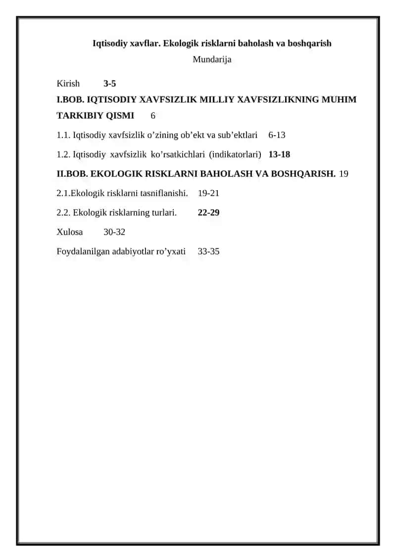Iqtisodiy xavflar. Ekologik risklarni baholash va boshqarish 2