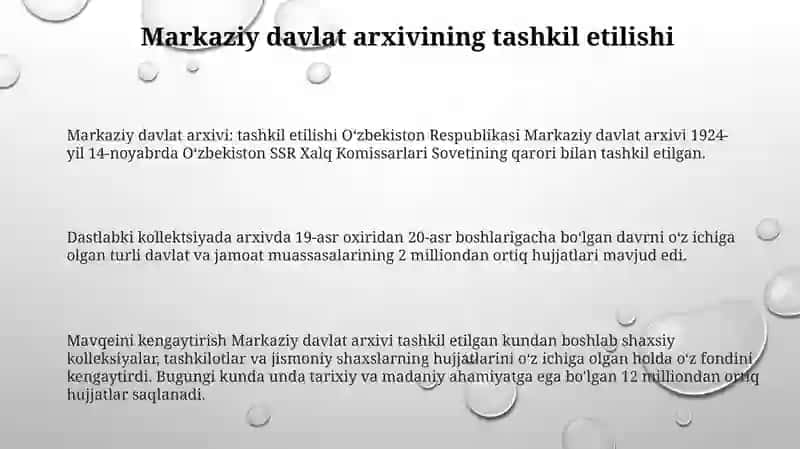 OʻZbekiston Respublikasi Markaziy Davlat Arxivining Tashkil Topishi Va Faoliyati 2