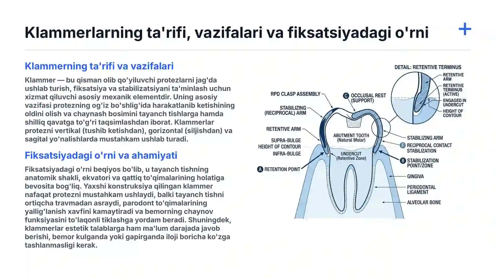 Qisman olib qo‘yiluvchi plastinkali tish protezga klammer turi Klammerlarning tarkibiy qismlari. Klammerni yelkasini tayanch tishga va protezga nisbatan joylashishi. Egib tayyorlanadigan klammerlarni tayyorlanish bosqichlari. Sun’iy tishlarni anatomik va estetik tanlash va yoshiga qarab terish mezonlari. Vasilev buyicha sun’iy tishlarni terish asoslari. 2