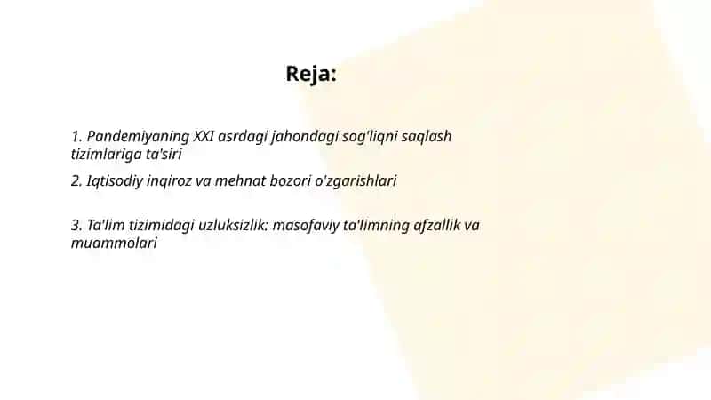 Pandemiya XXI asrning global muammosi va uning oqibatlari 2