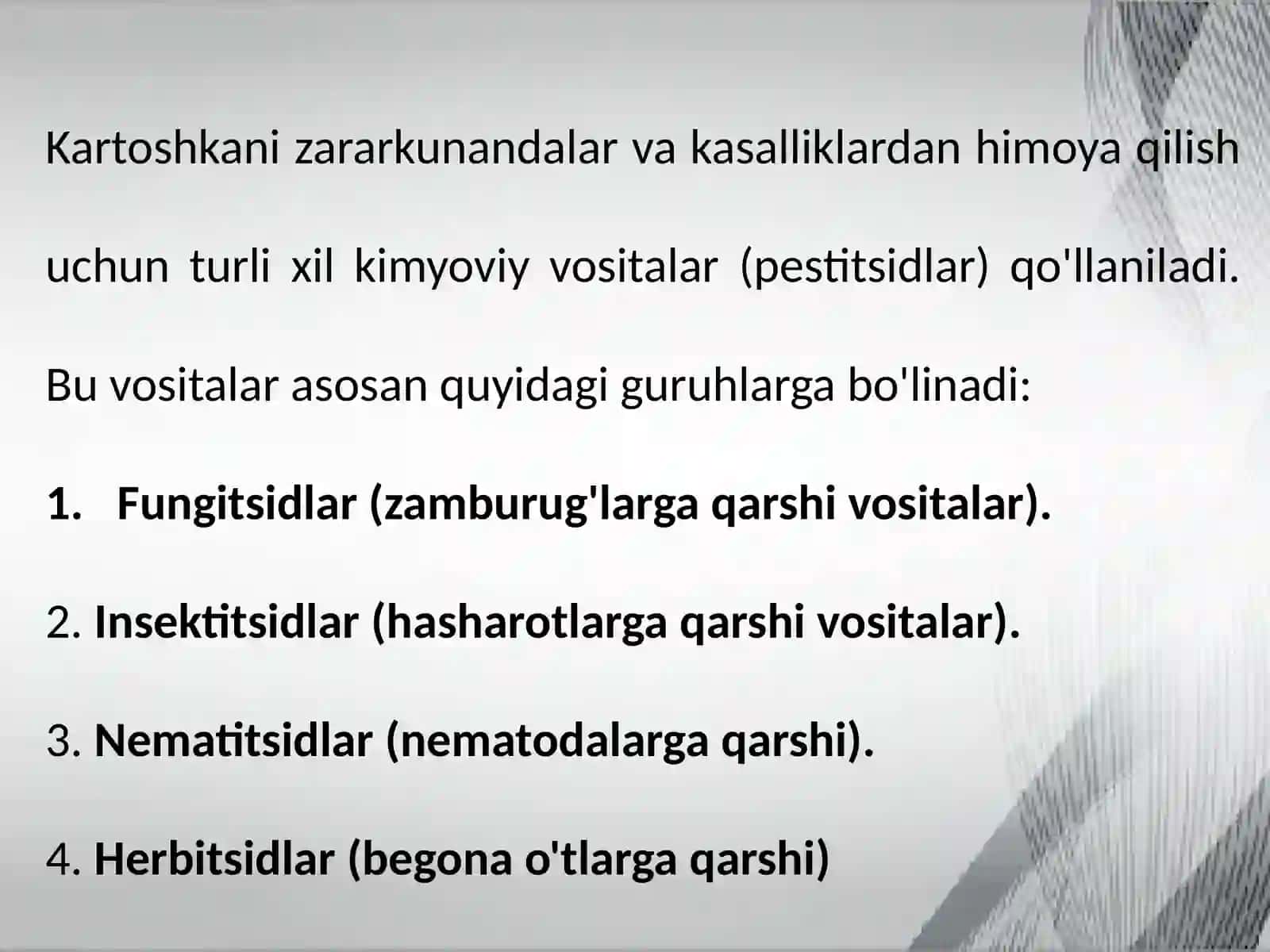 KARTOSHKANI ZARAKUNANDA VA KASALLIKLARDAN HIMOYA QILISHDA QO'LLANILADIGAN KIMYOVIY VOSITALAR 2