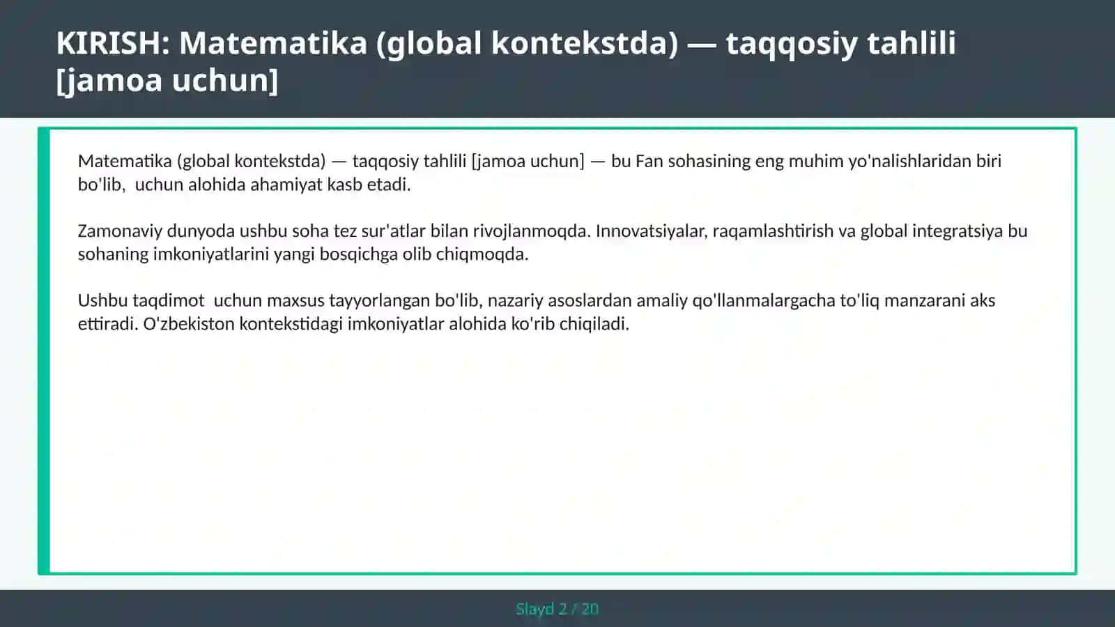Matematika (GLOBAL KONTEKSTDA) — TAQQOSIY TAHLILI [JAMOA UCHUN] 2
