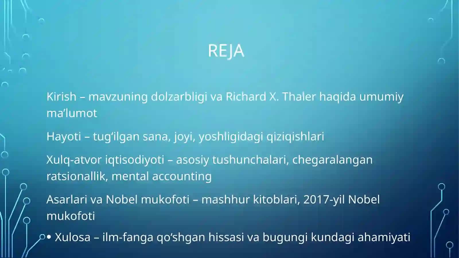 Richard X. Thaler“Xulq-atvor iqtisodiyotiga qo‘shgan hissasi uchun Nobel mukofoti laureati” 2