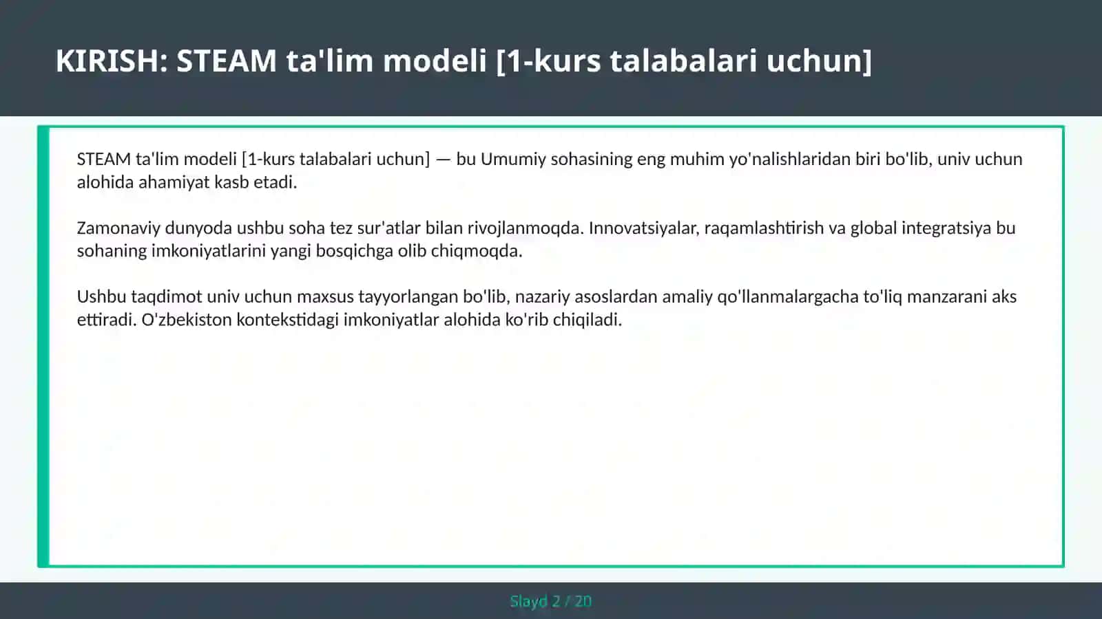 STEAM TA'LIM MODELI [1-KURS TALABALARI UCHUN] 2