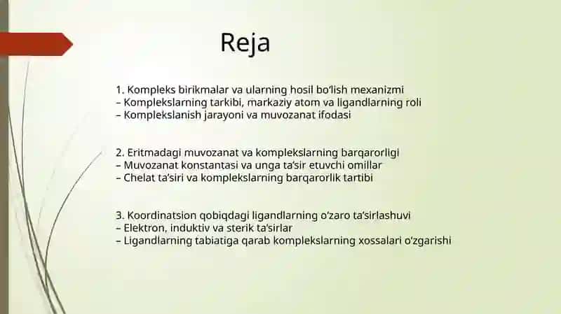 Kompleks birikmalarni eritmadagi muvozanati, koordinatsion qobiqdagi ligandlarning o‘zaro          				ta’sirlashuvi 2