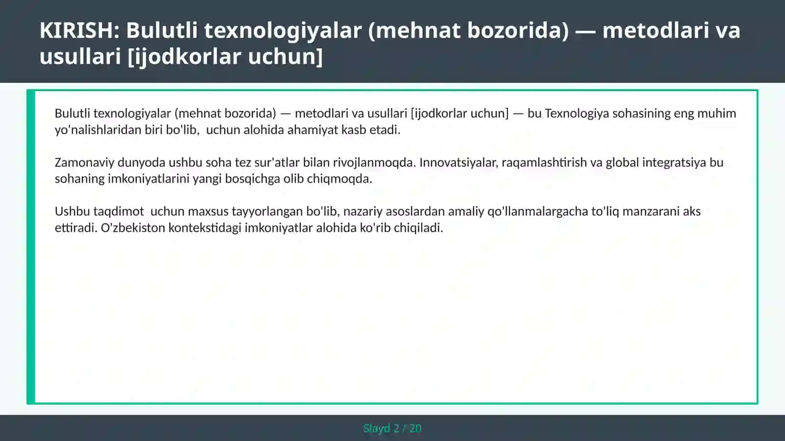Bulutli texnologiyalar (mehnat bozorida) — metodlari va usullari [ijodkorlar uchun] 2
