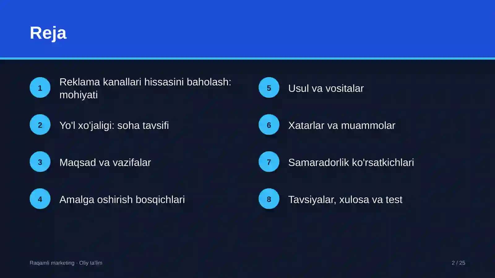 Yo'l xo'jaligida reklama kanallari hissasini baholash 2