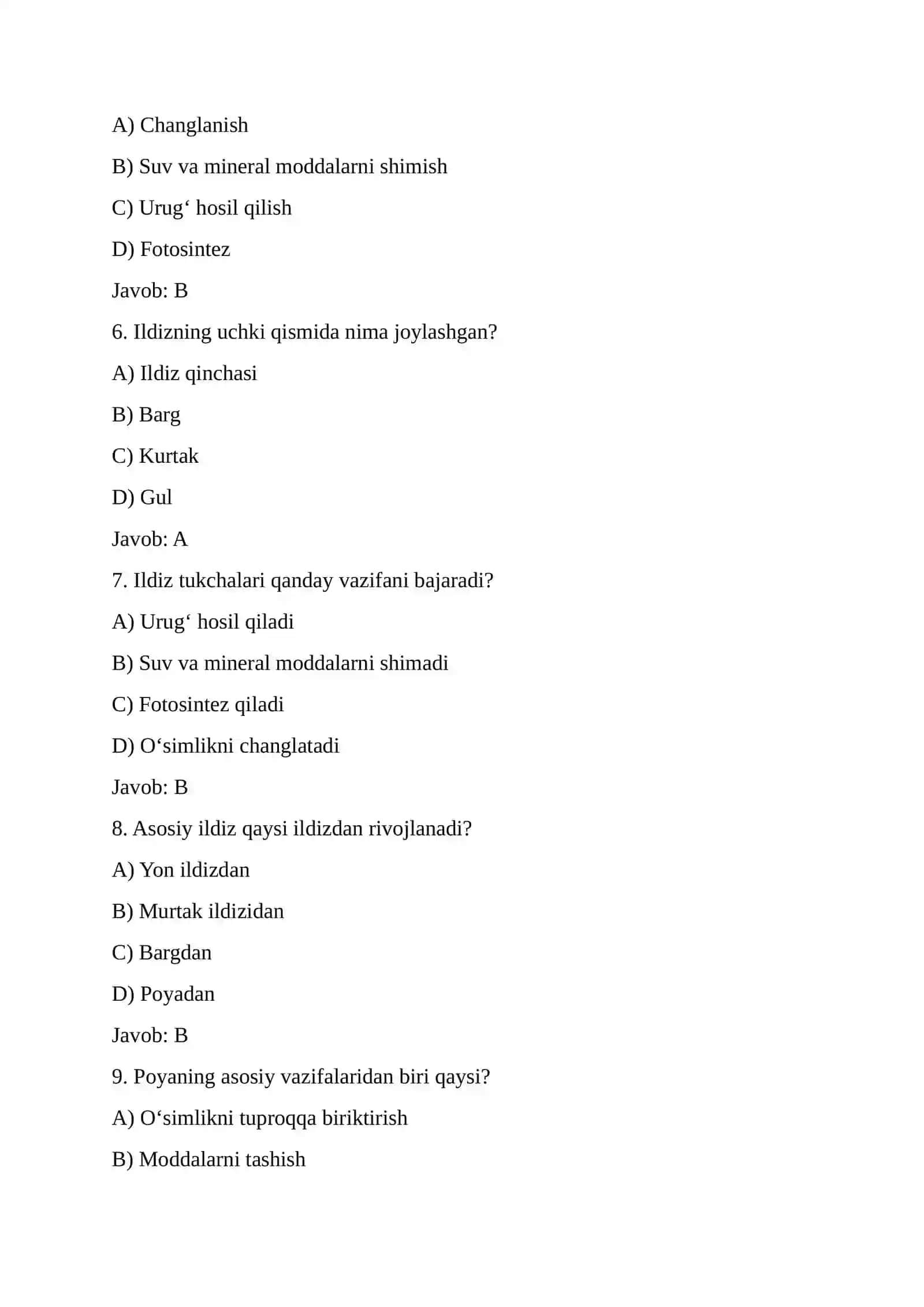 6-sinf biologiya fanidan testlar toʻplami (javoblari bilan) 2