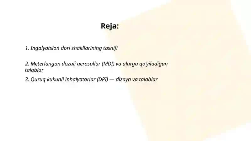 Ingalyatsion usulda yuboriladigan dori shakllari va ularga qoʻyiladigan talablar 2
