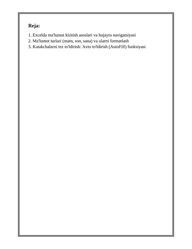 EXCEL ELEKTRON JADVALLAR BILAN ISHLASHI MALUMOTLARNI KIRITISH VA TAHRIRLASH.EXCEL DASTURIDA AVTOTO’LDIRISHLAR VA AVTOHISOBLASHLAR 2