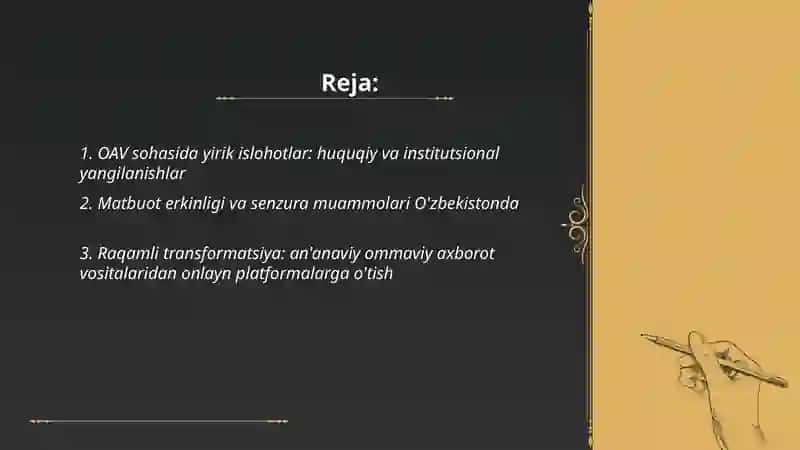 O'zbekiston respublikasida ommaviy axborot vositalarining faoliyati ( o'zgarish va muammolar) 2