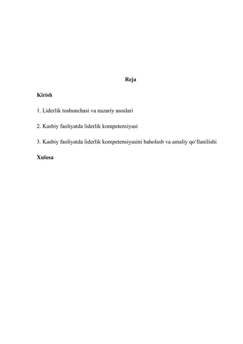 Kasbiy faoliyatda liderlik kompetensiyasi tushunchasi mustaqil ish 2