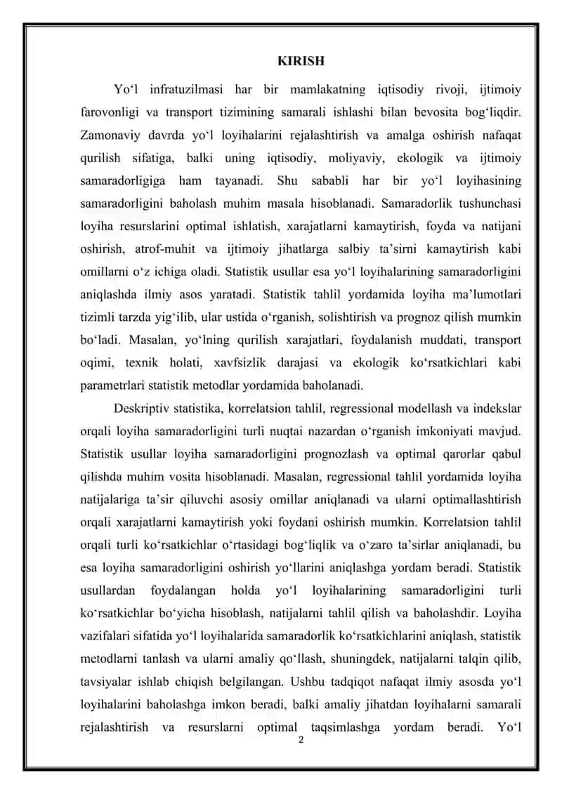 Yo‘l loyihalarining samaradorligi tushunchasi 2