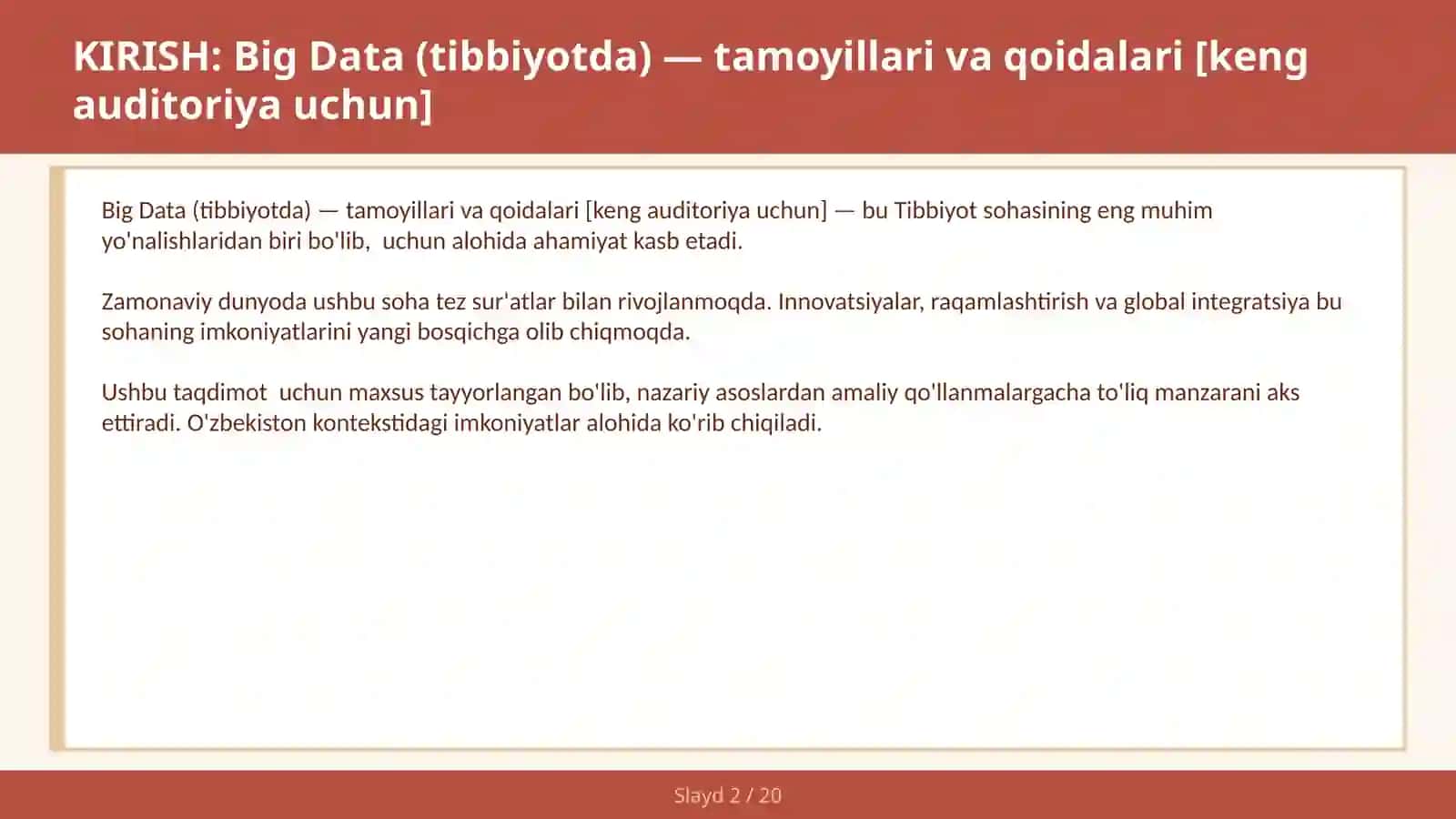 BIG DATA (TIBBIYOTDA) — TAMOYILLARI VA QOIDALARI [KENG AUDITORIYA UCHUN] 2