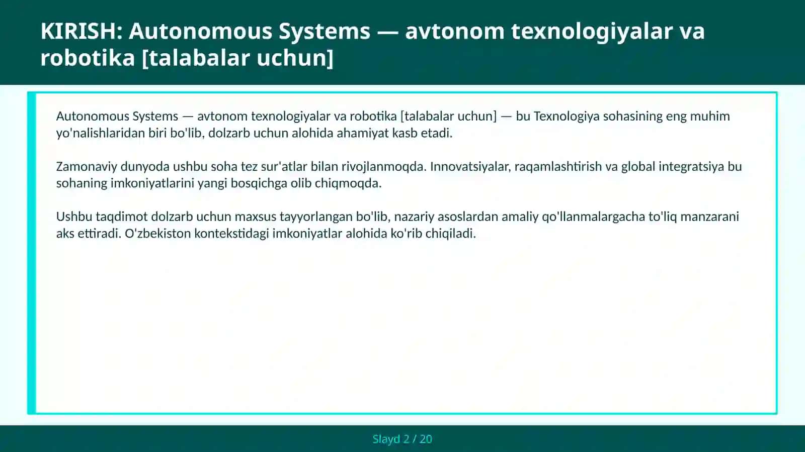 Autonomous Systems — avtonom texnologiyalar va robotika [talabalar uchun] 2