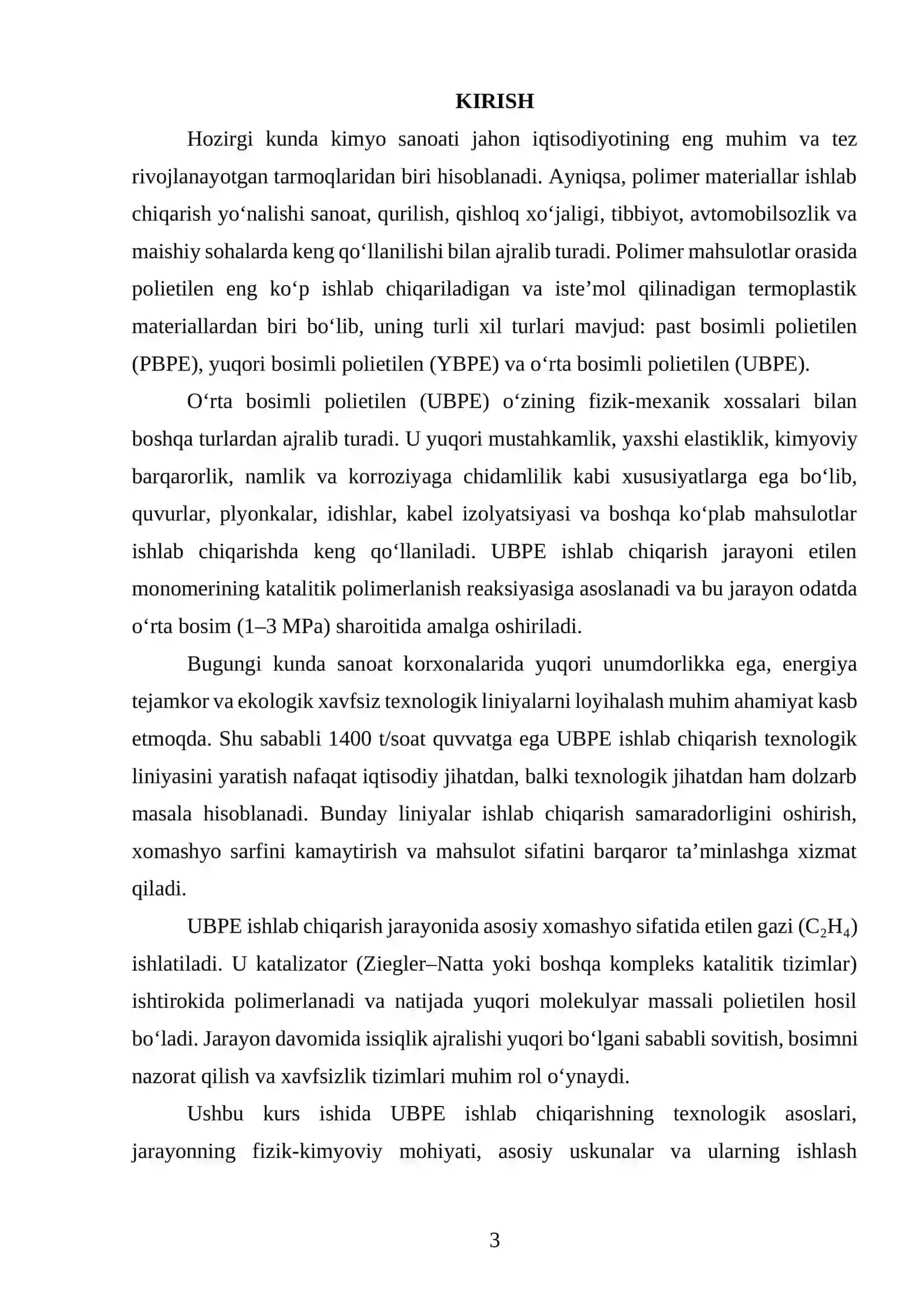 O‘rta bosimda polietilen ishlab chiqarish texnologik liniyasini loyihalash. Q=1400 t/yil. 2