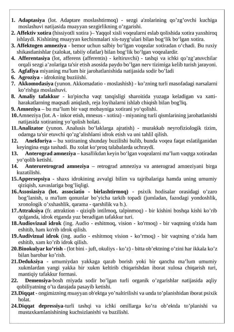 Umumiy psixologiya (kognitiv jarayonlar) fanidan glossariy 2