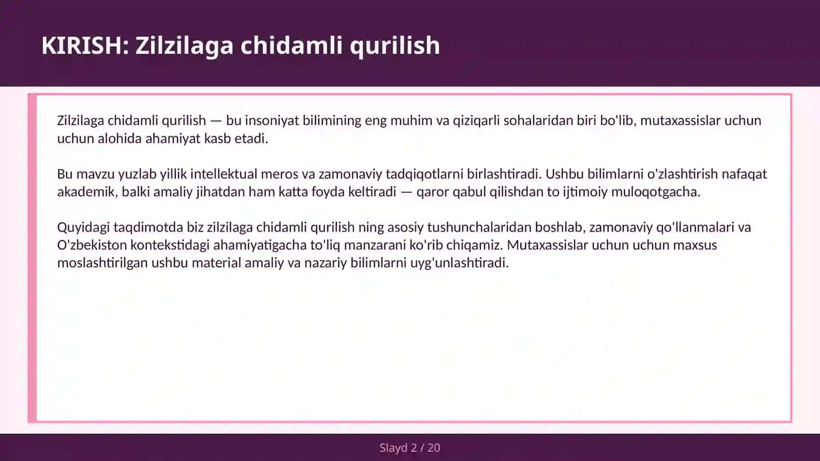 Zilzilaga chidamli qurilish 2