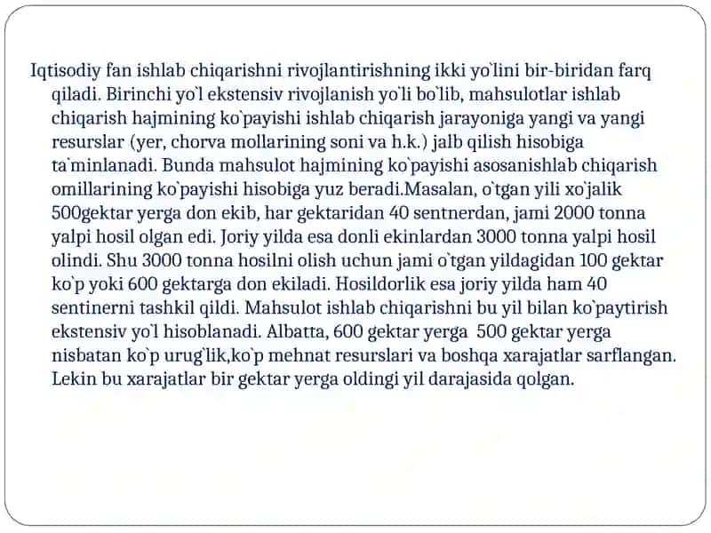 Qishloq xo`jaligining intensivlashtirish darajasi va iqtisodiy samaradorligini ifodalovchi ko`rsatkichlar 2