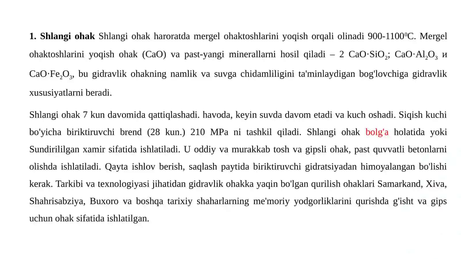 Gidravlik bog'lovchi moddalar. Gidravlik bog'lovchi portlendtsement, xom-ashyosi, ishlab chiqarish usullari, texnologiyasi, xossalari 2