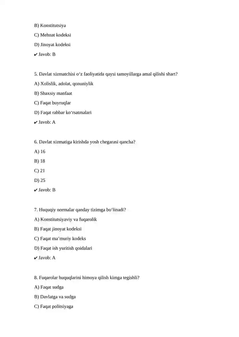 Argos test Huquqiy savodxonlik bo'yicha 100ta 2025 yil 2