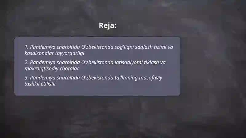 Pandemiya sharoitida O’zbekiston 2