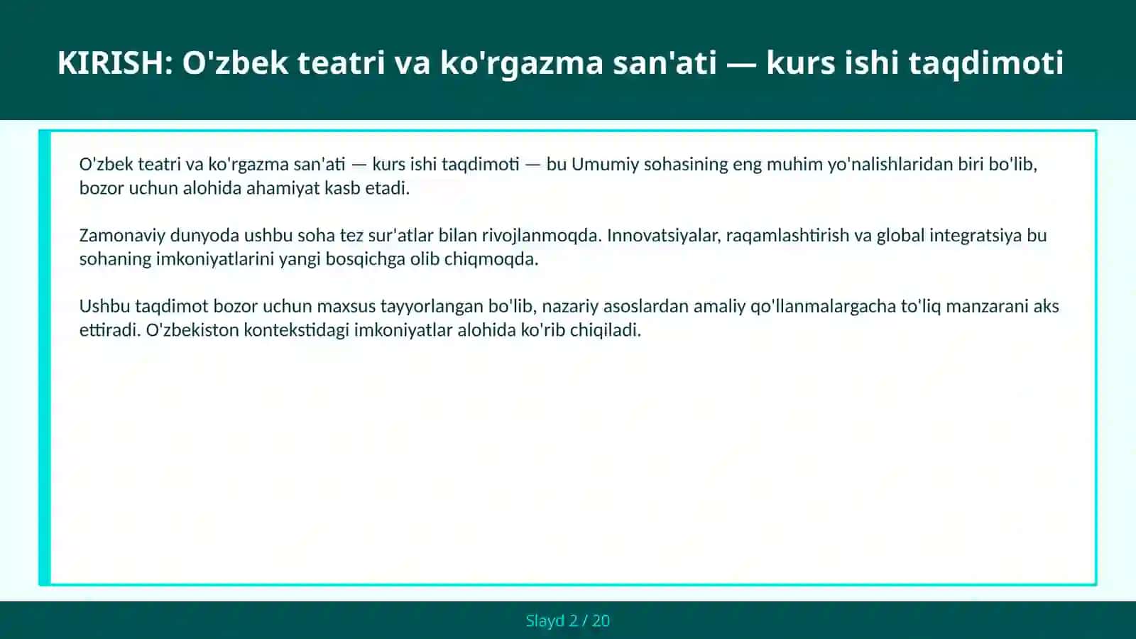 O'zbek teatri va ko'rgazma san'ati — kurs ishi taqdimoti 2