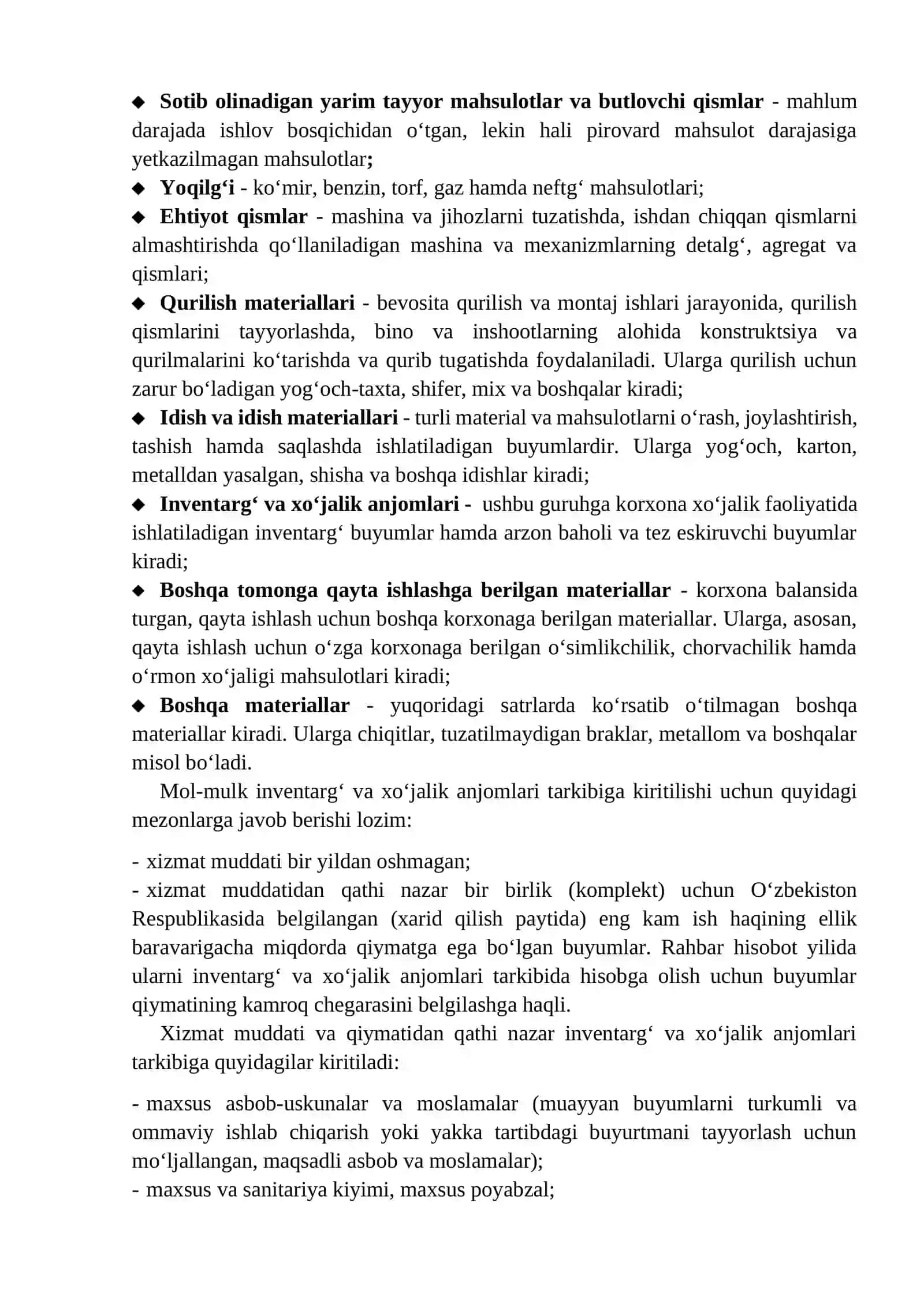 Korxonalarda materiallar hisobi, ularni turkumlash 2