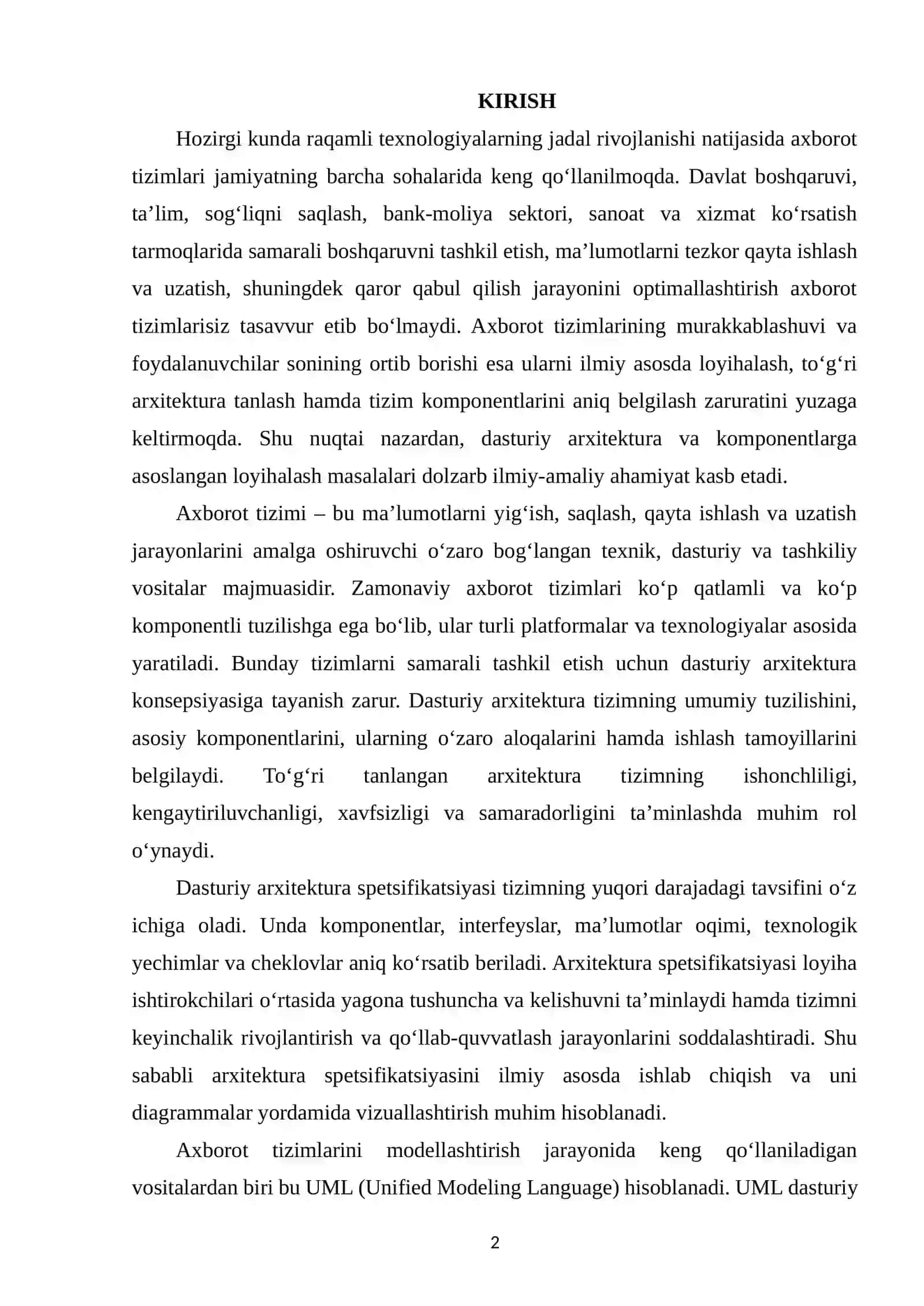 AXBOROT TIZIMLARIDA DASTURIY ARXITEKTURA VA UML ASOSLARI 2