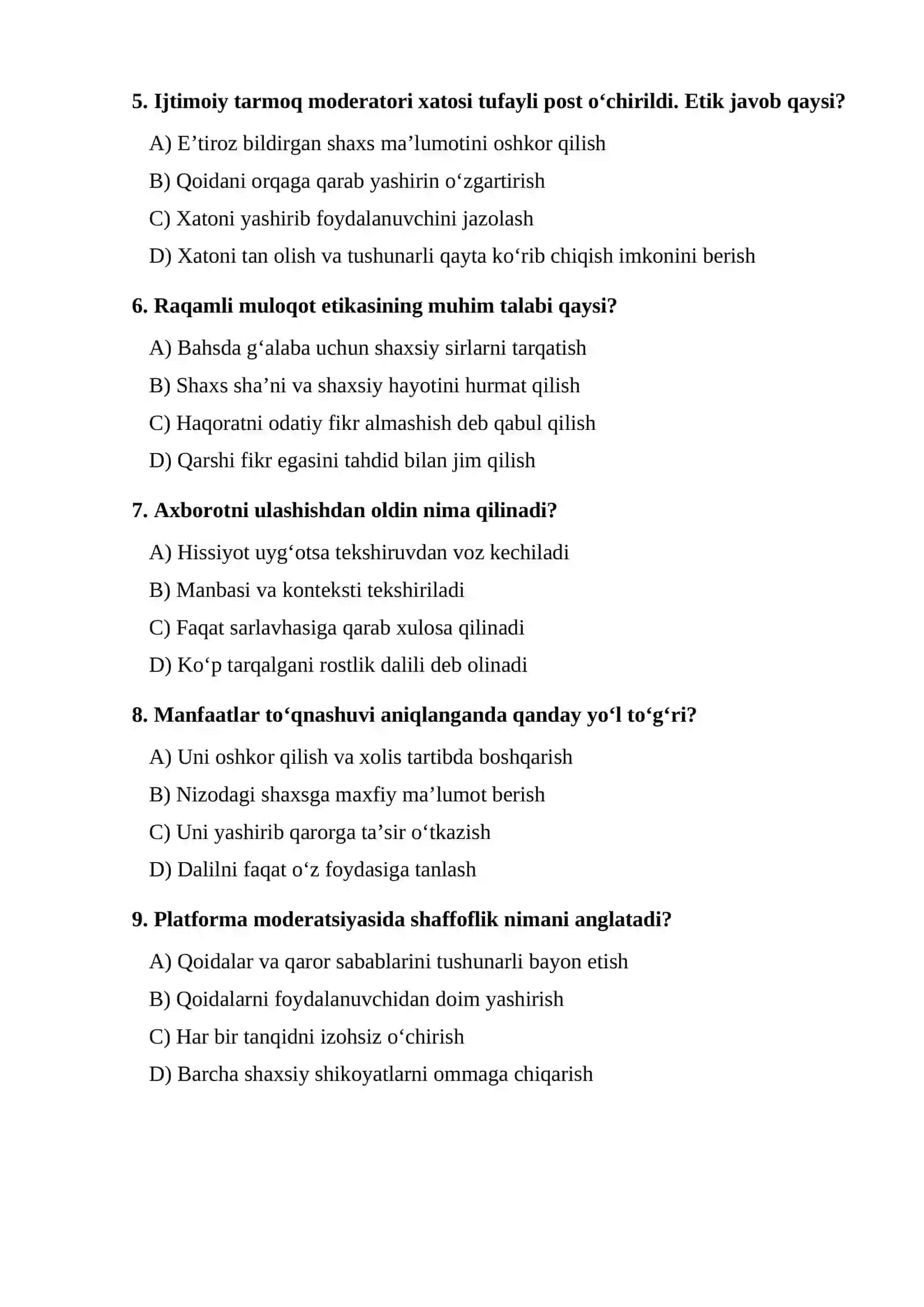 Ijtimoiy tarmoqlar va maxsus huquqlarni himoya qilish institutlari etikasi mavzusi bo‘yicha TEST 2
