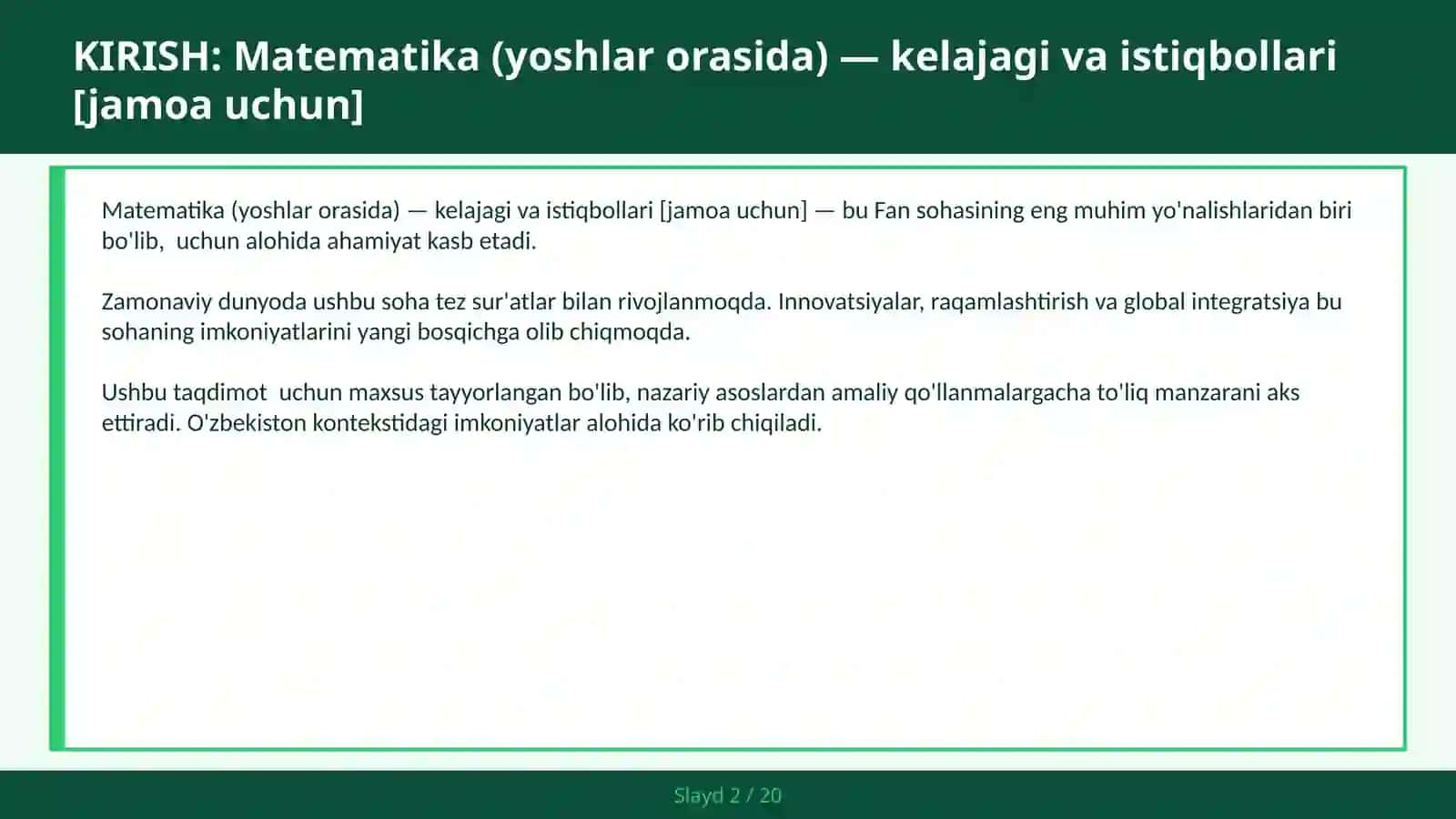Matematika (Yoshlar Orasida) - Kelajagi va Istiqbollari [JAMOA UCHUN] 2