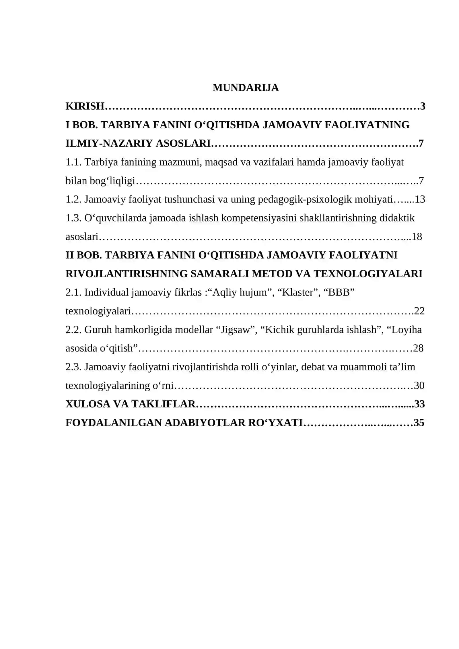 Tarbiya fanini o'qitishda jamoaviy faoliyatni rivojlantirish metodlari.KURS ISHI 2