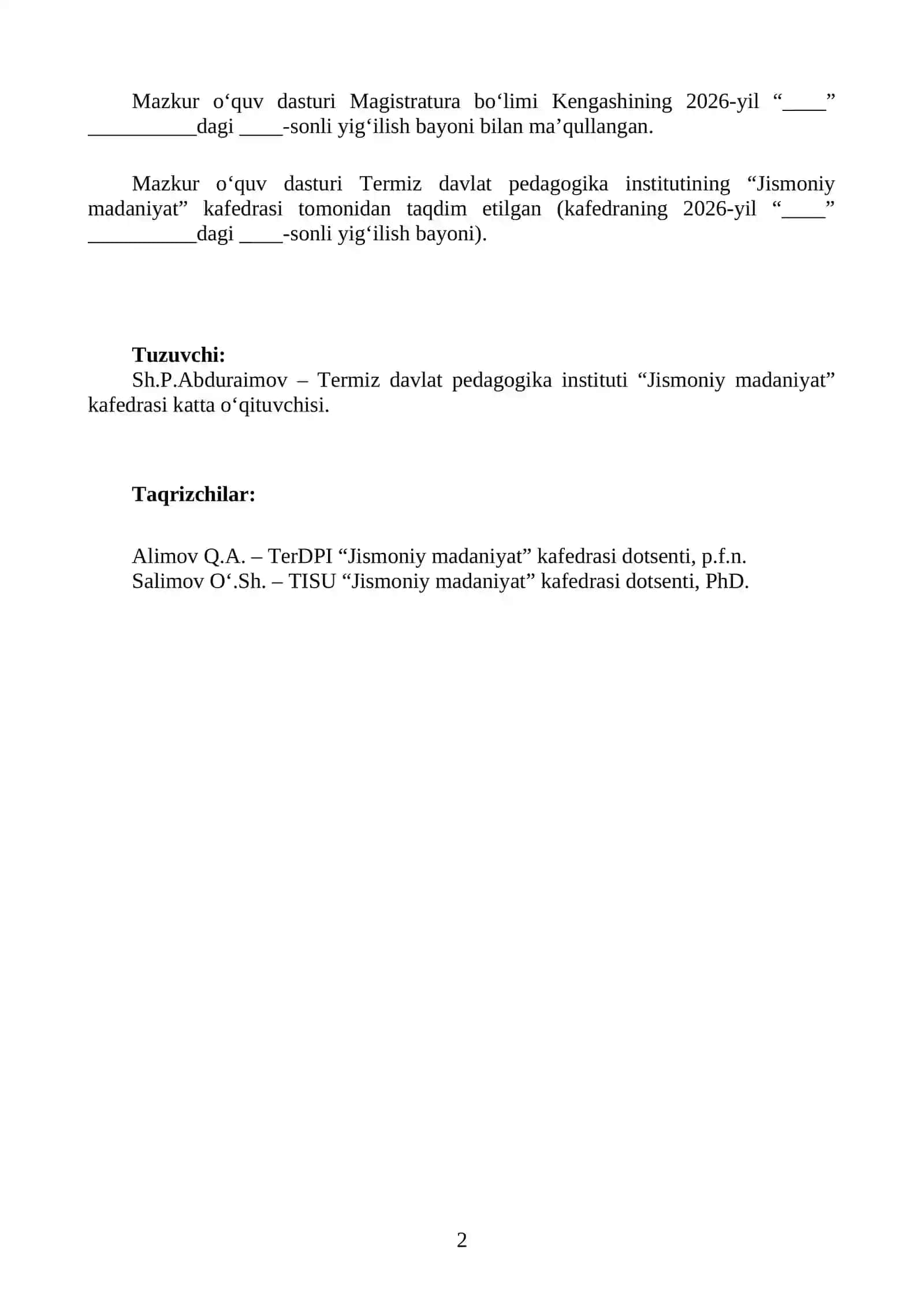 JISMONIY TARBIYA VA SPORT NAZARIYASI VA METODOLOGIYASI o'quv dasturi 2026-2027 2