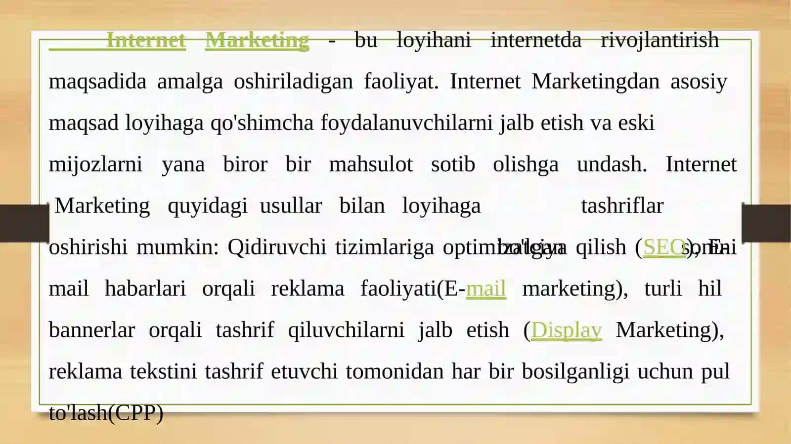 Mavzu: 2-AMALIY MASHG'ULOT. INTERNET MARKETING DAQAROR QABUL QILISHNING AHAMIYATI 2