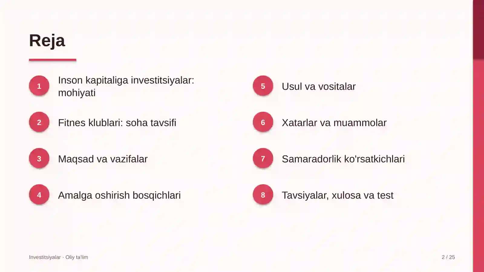 Fitnes klublarida inson kapitaliga investitsiyalar 2