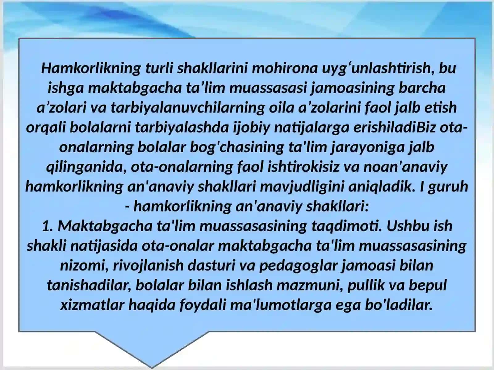 Ota- onalar va maktabgacha ta'lim tashkilotlari hamkorligi to‘g‘risidagi bilimlarni shakllantirish 2
