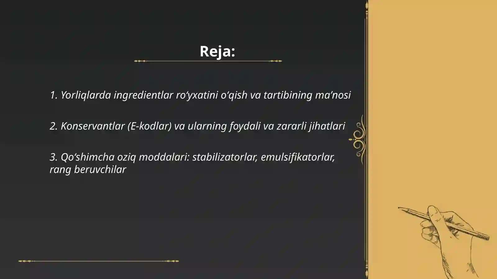 Oziq-ovqat mahsulotlarining tarkibi foydali va zararli xususiyatlarini yorliqlar orqali oʻrganish 2
