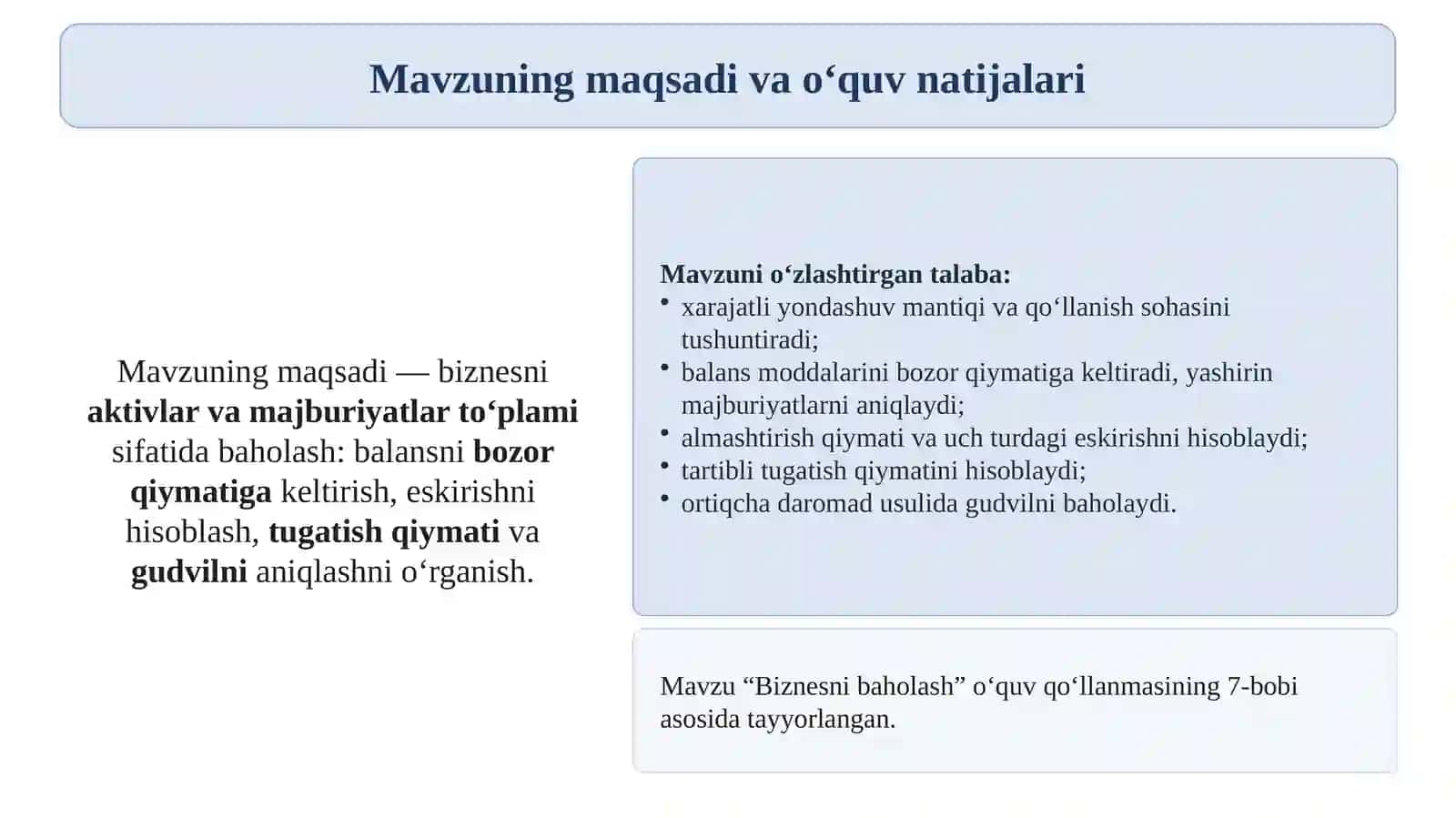 Biznesni baholashning xarajatli yondashuvi 2