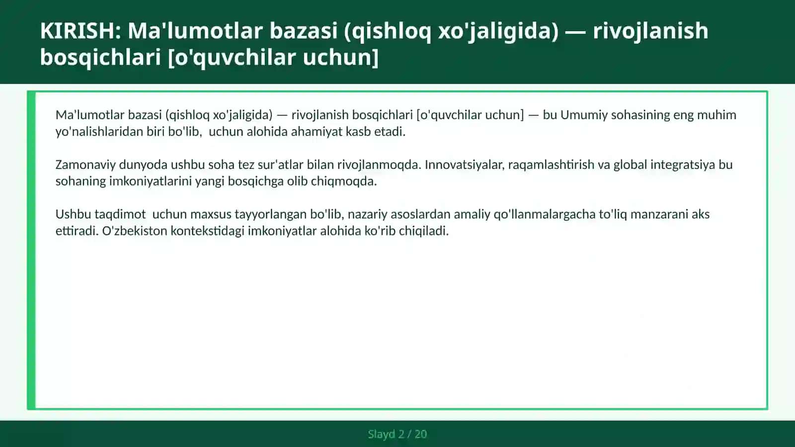 MA'LUMOTLAR BAZASI (QISHLOQ XO'JALIGIDA) — RIVOJLANISH BOSQICHLARI [O'QUVCHILAR UCHUN] 2