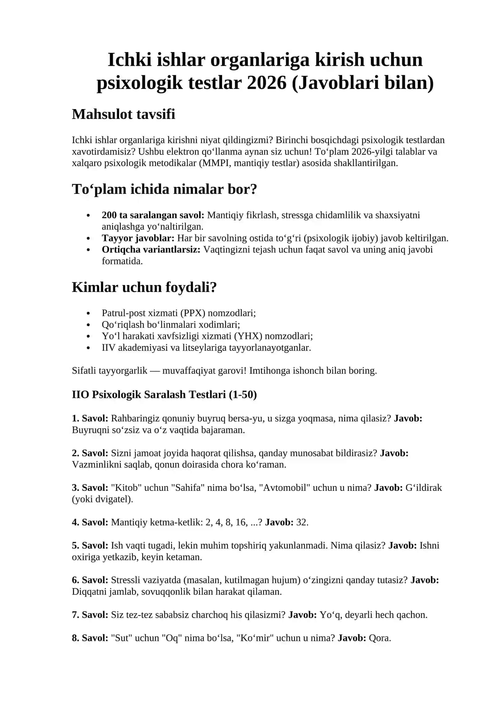 Ichki ishlar organlariga kirish uchun psixologik testlar 2026 (Javoblari bilan) 2-qism 2