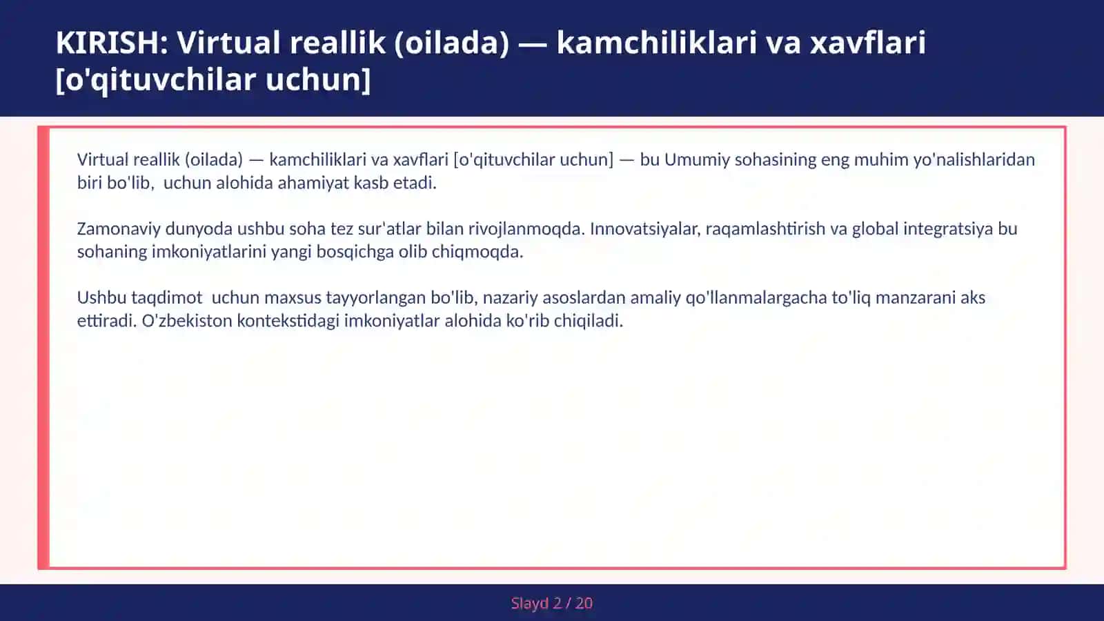 Virtual reallik (oilada) — kamchiliklari va xavflari [o'qituvchilar uchun] 2