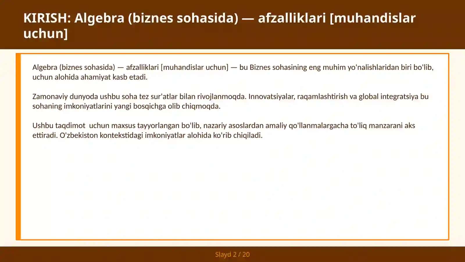 Algebra (biznes sohasida) — afzalliklari [muhandislar uchun] 2
